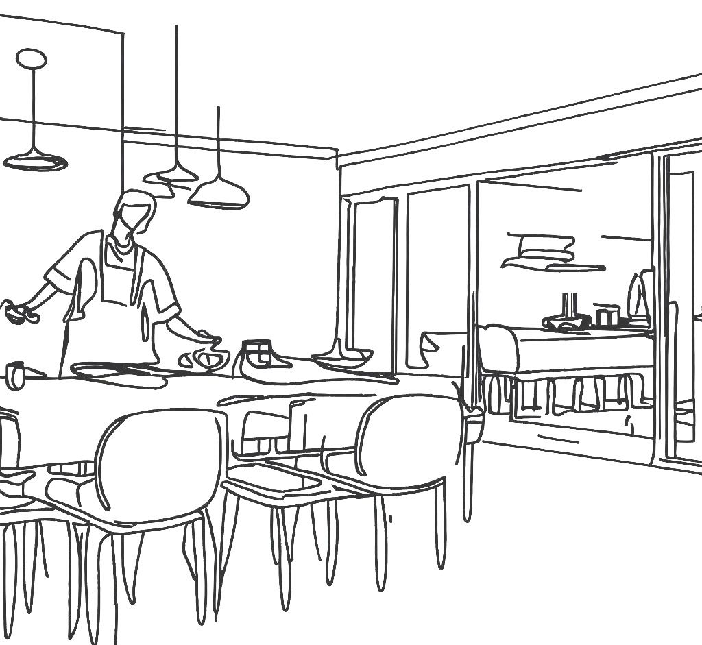Drawing of a restaurant with a customer at a table, a checkout counter and the kitchen in the background