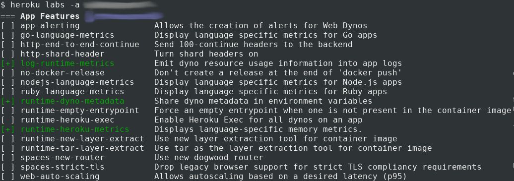 Terminal showing Heroku Labs features